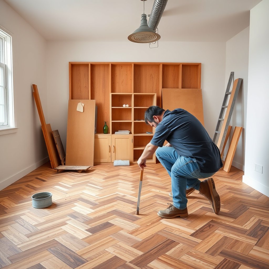 Step-by-step guide to installing chevron floors starting from the center outwards.