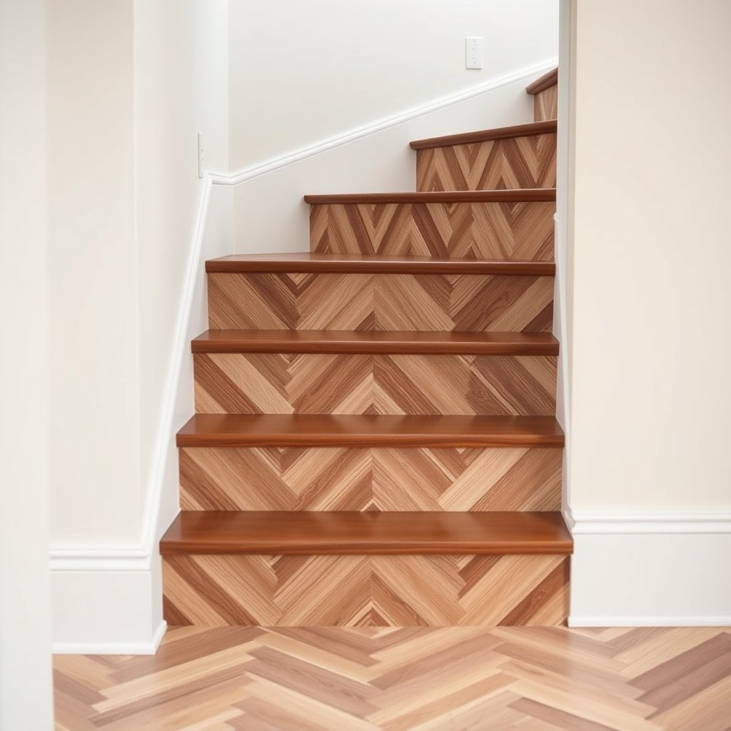 Installation of chevron flooring on the landing and approach area of stairs