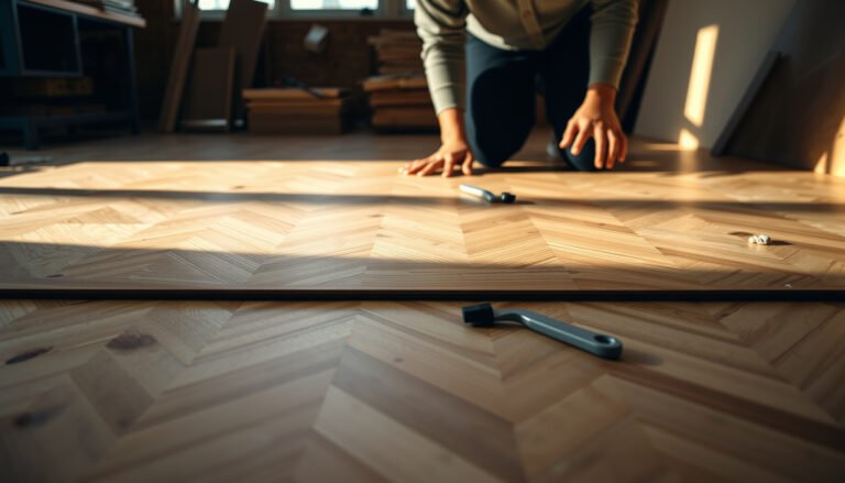 Step-by-step guide on installing chevron floors over plywood with tools and materials shown.