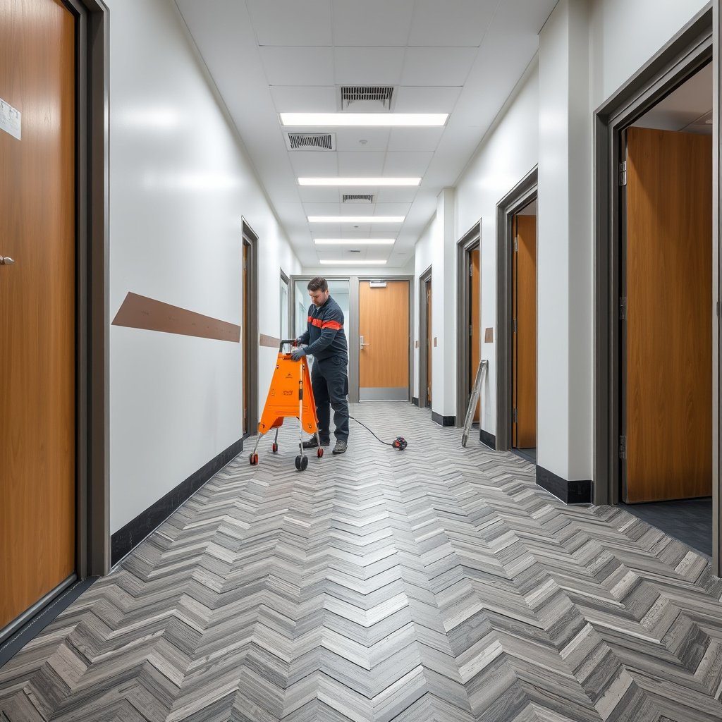 Step-by-step installation of chevron slip-resistant floor finish system