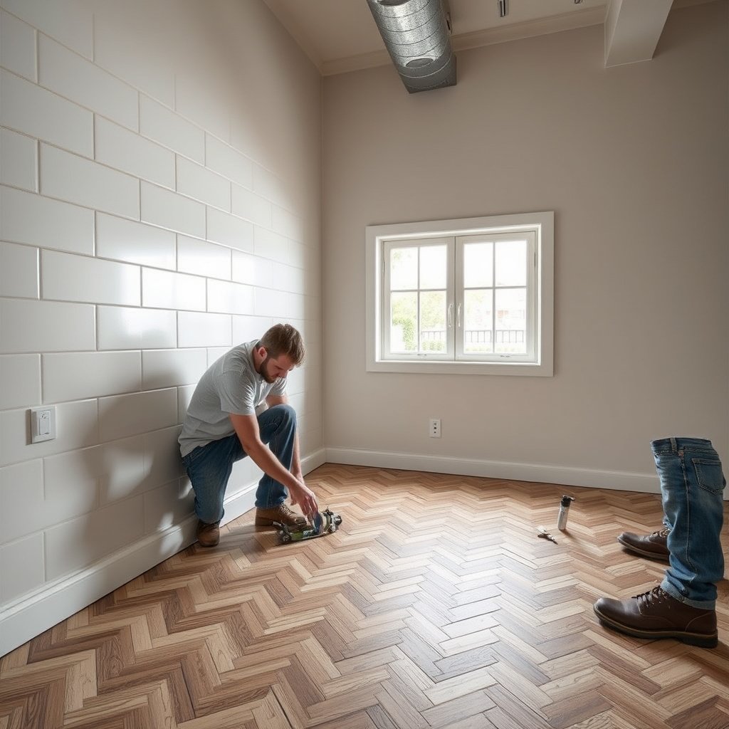 Step-by-step installation of chevron pattern tile sections over existing flooring.