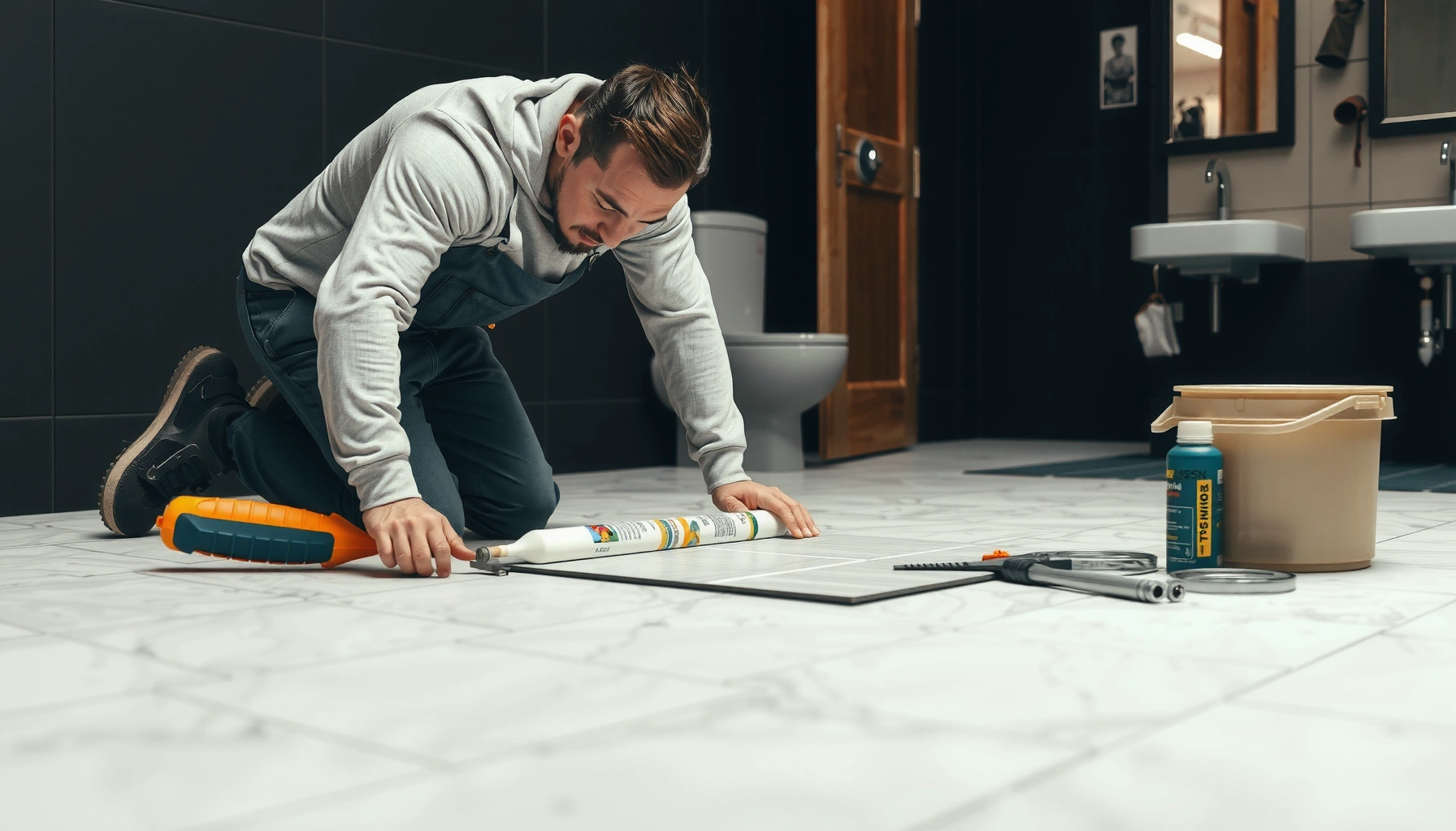 Step-by-step process of installing commercial bathroom floors in a professional setting.