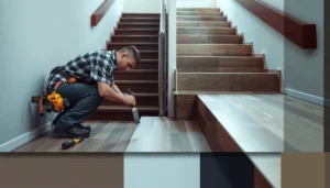 Step-by-step guide for installing commercial flooring around stairs in a professional setting.