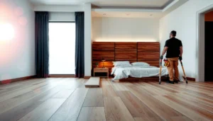 Step-by-step guide for installing commercial flooring in a bedroom setting.
