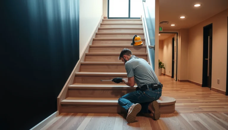 Step-by-step guide for installing commercial flooring on stairs with tools and materials.