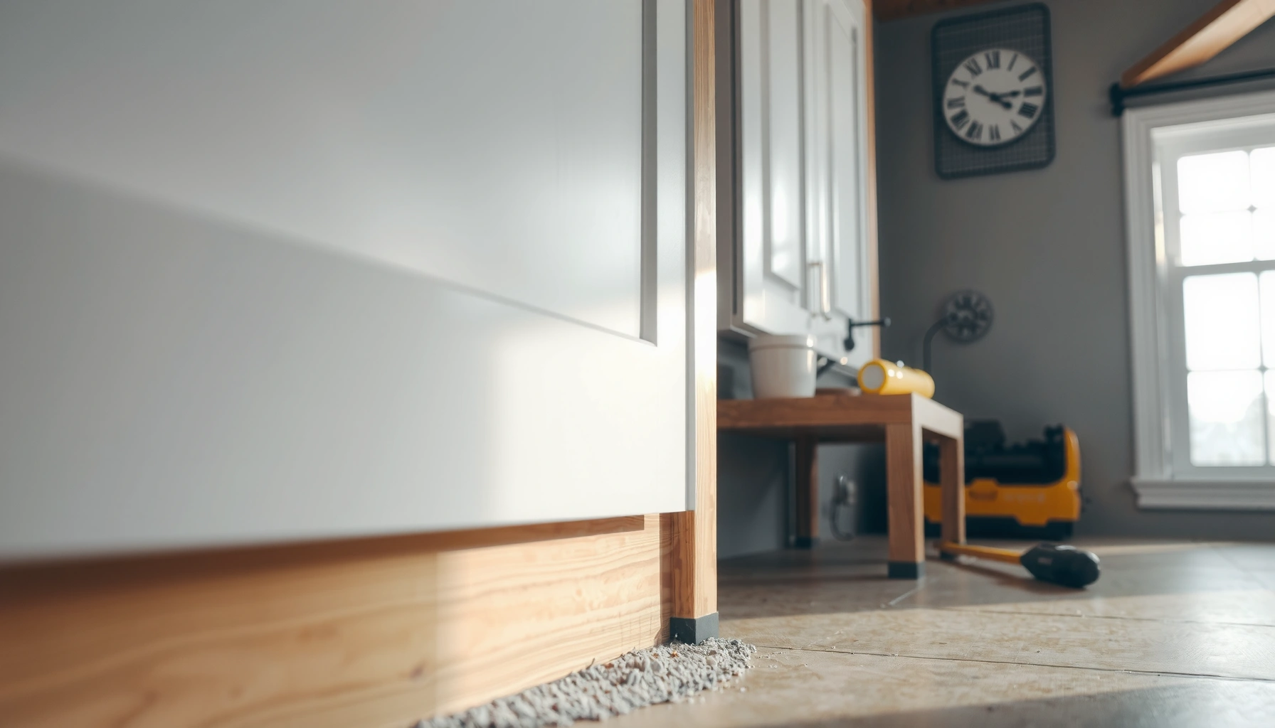 Step-by-step guide on installing concrete floors around kitchen cabinets.