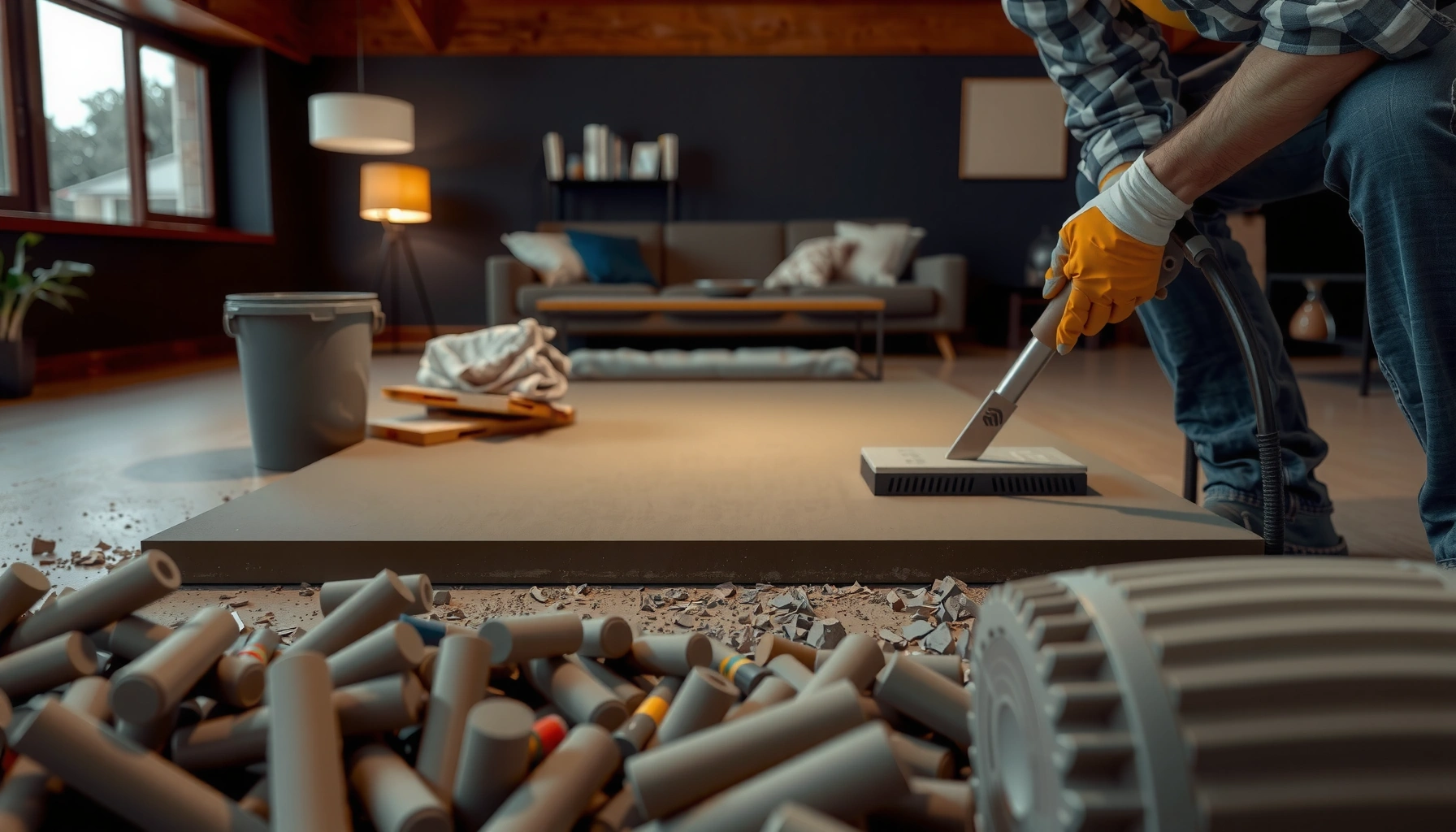 Step-by-step guide on how to install concrete floors in a living room, showcasing tools and techniques.