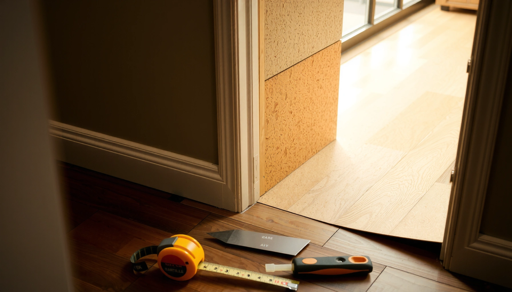 Step-by-step guide for installing cork floors around doors in a home.