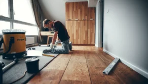 Step-by-step guide for installing cork floors in a bedroom with tools and materials.