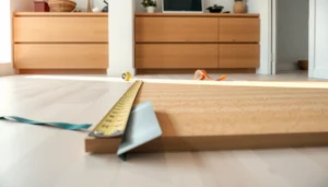 Step-by-step guide on how to install cork floors in a kitchen with tools and materials shown.