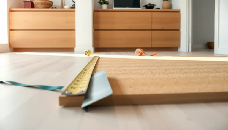 Step-by-step guide on how to install cork floors in a kitchen with tools and materials shown.