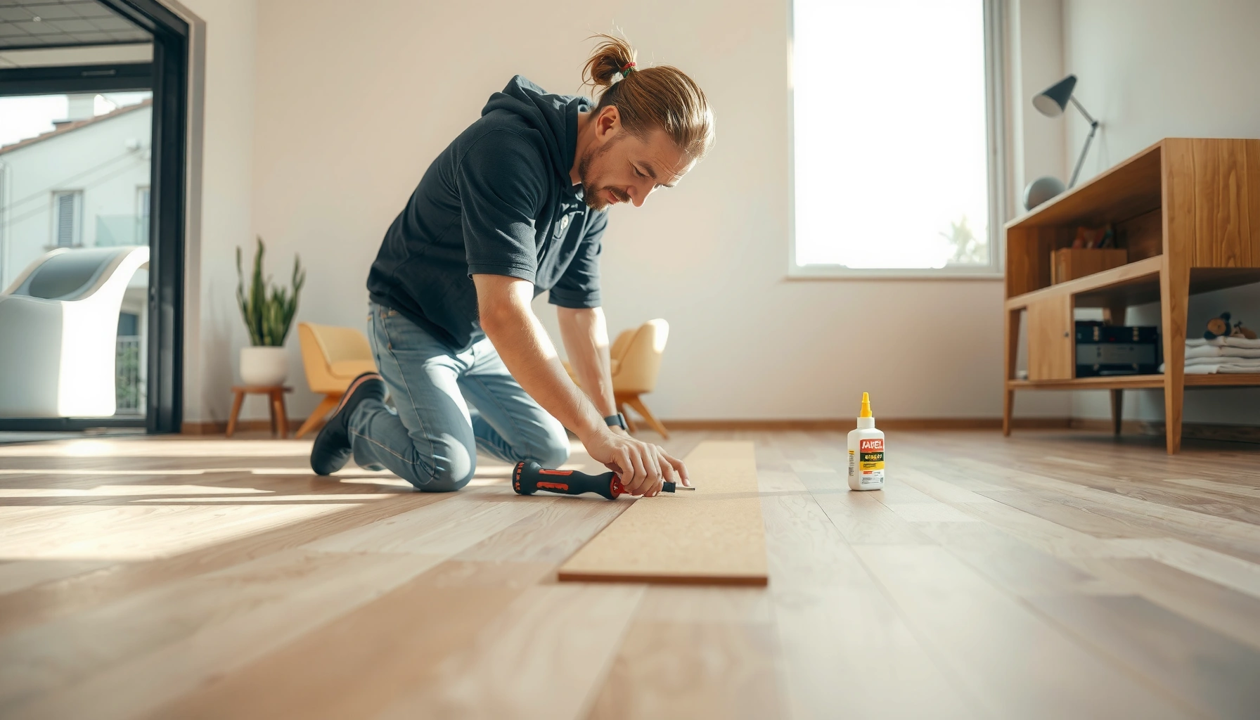 Step-by-step guide on how to install cork floors in a living room setting.