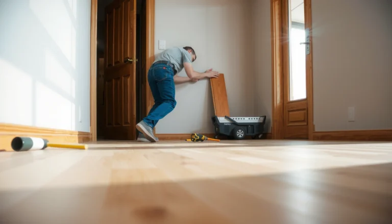 Step-by-step guide on installing engineered wood floors around doors in a home.