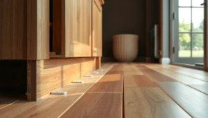 Step-by-step guide on how to install engineered wood floors around cabinets.