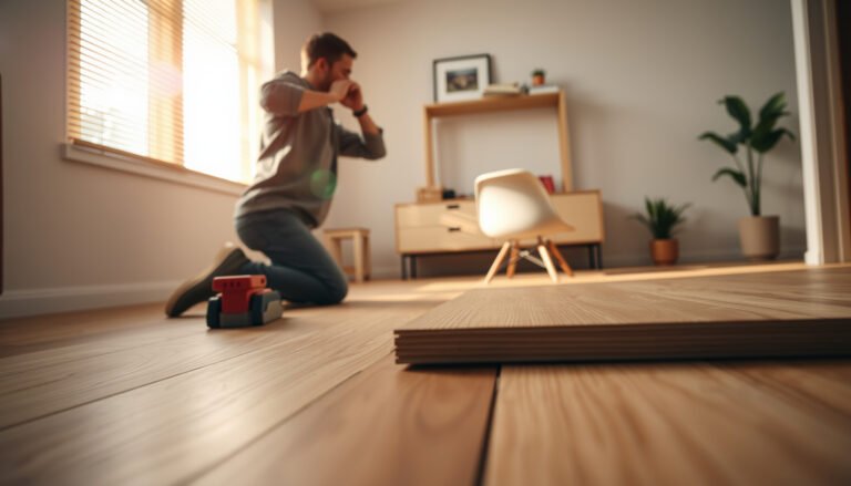 Step-by-step guide on how to install engineered wood floors in a home office setting.