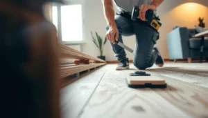 Step-by-step guide for installing engineered wood floors with tools and materials shown