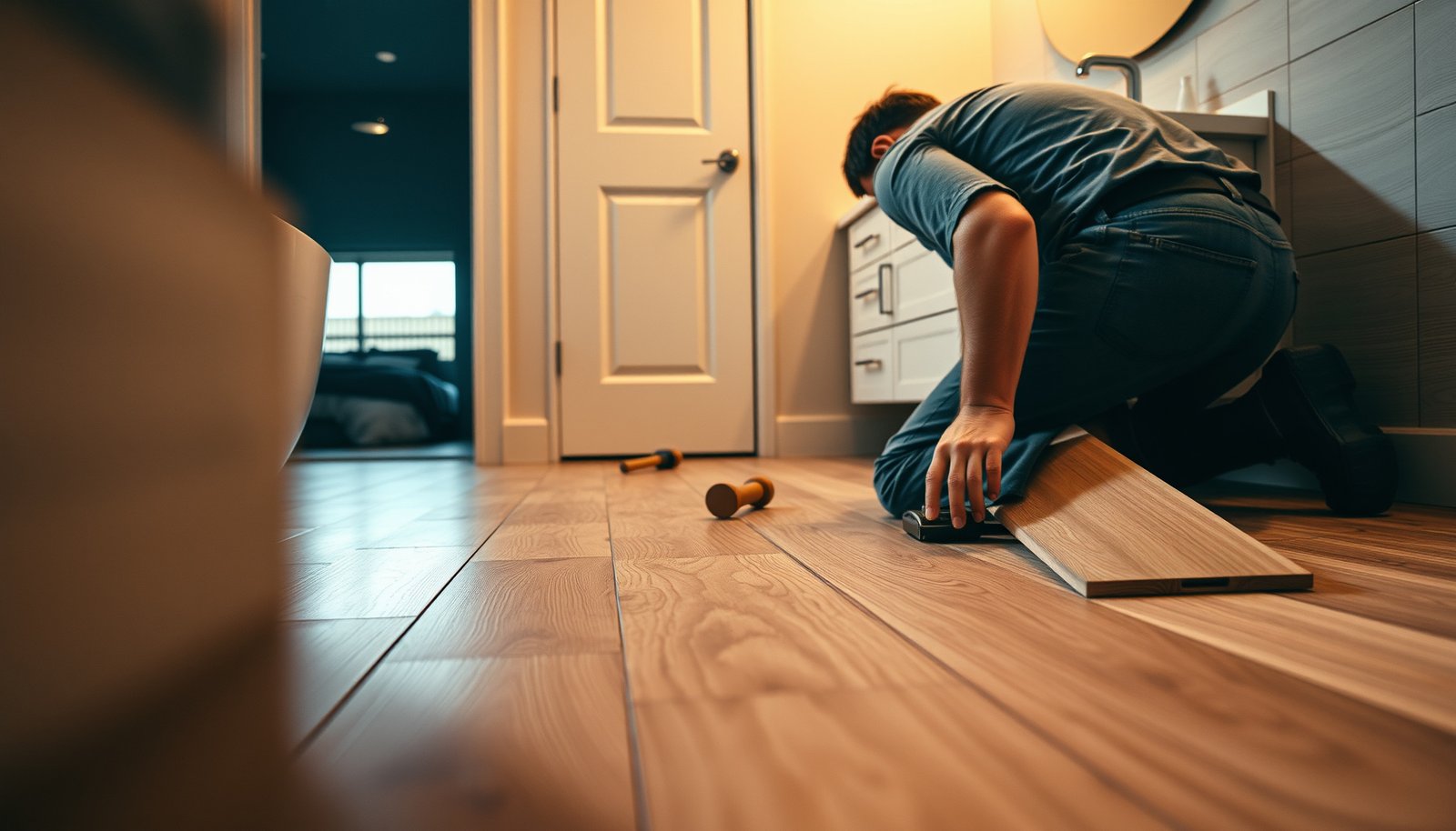 Step-by-step guide to installing engineered wood floors in a bathroom.