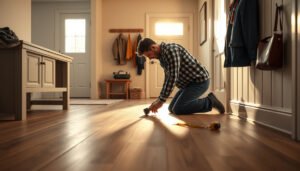 Step-by-step guide on how to install engineered wood floors in a mudroom.