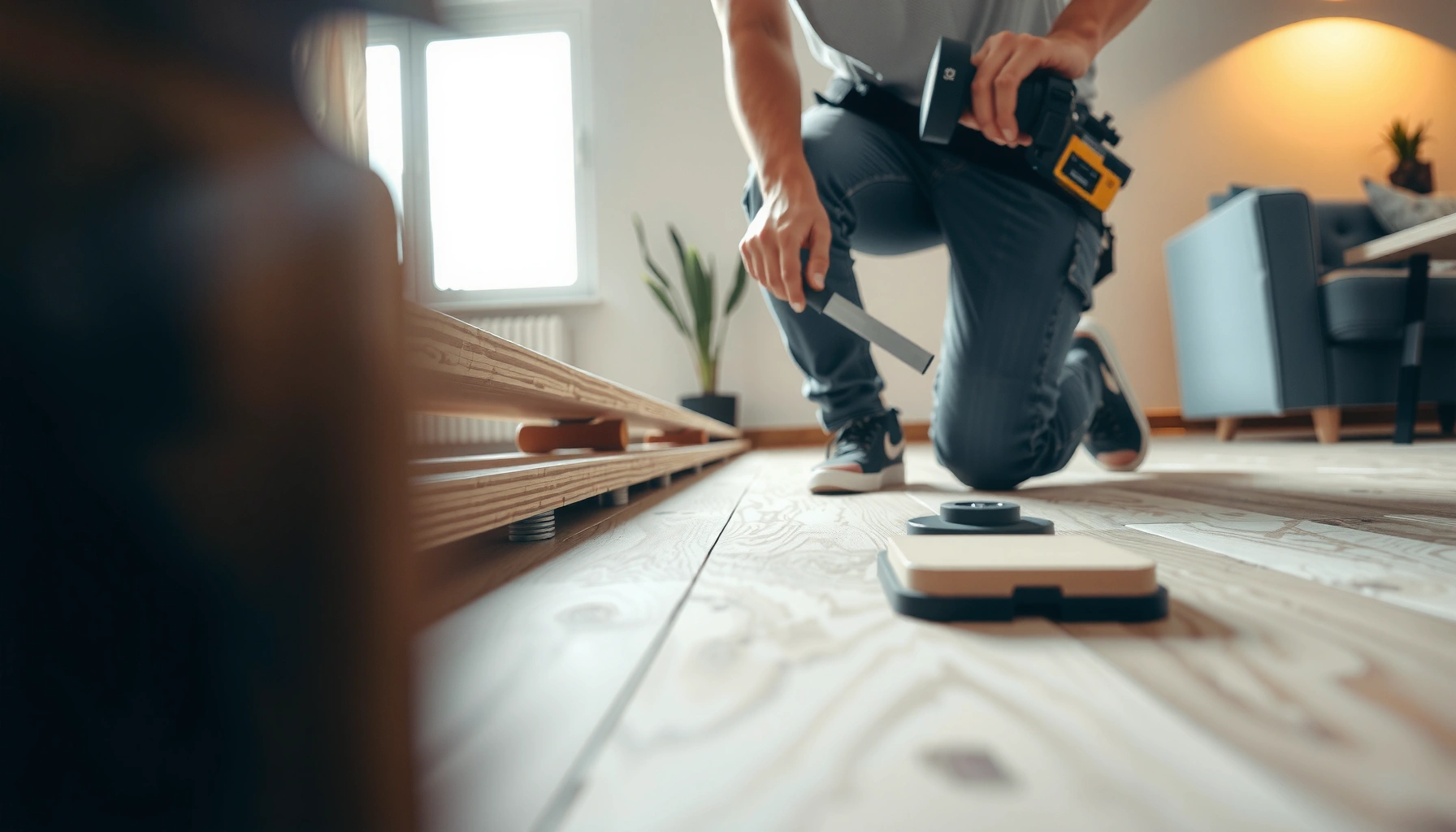 Step-by-step guide for installing engineered wood floors with tools and materials shown