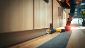 A step-by-step guide on how to install commercial floors around kitchen cabinets.
