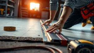 Step-by-step guide on installing transitions for garage floors with tools and materials shown.