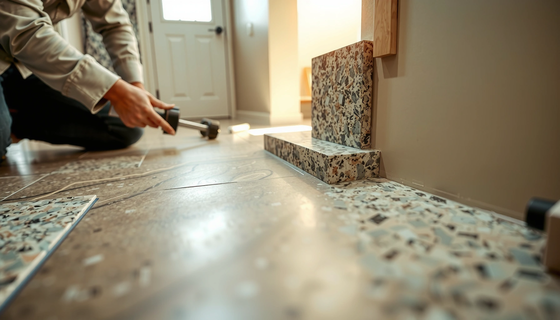 Step-by-step guide for installing granite floors around stairs with detailed instructions.