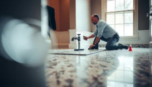 Step-by-step guide to installing granite floors in a bathroom with tools and materials.