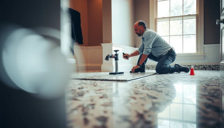Step-by-step guide to installing granite floors in a bathroom with tools and materials.