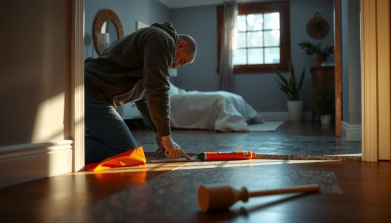 Step-by-step guide on how to install granite floors in a bedroom with tools and materials shown.