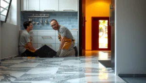 Step-by-step guide on how to install granite floors in a kitchen with tools and materials shown.