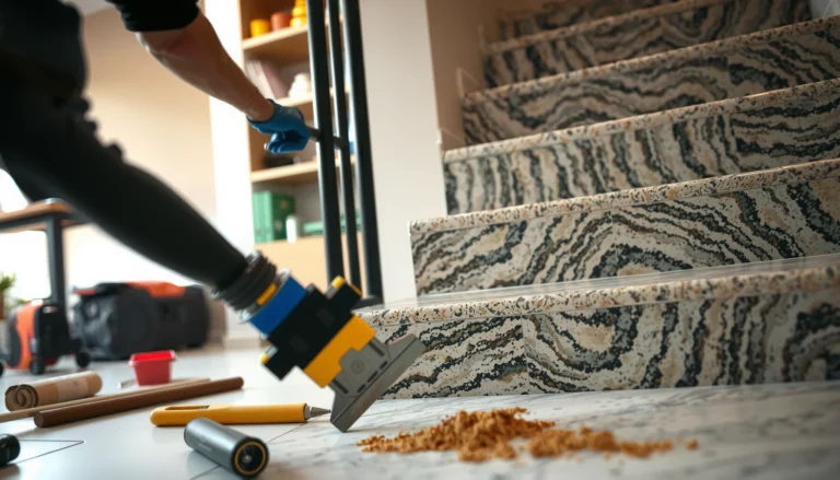 Step-by-step guide for installing granite floors on stairs with tools and materials needed.
