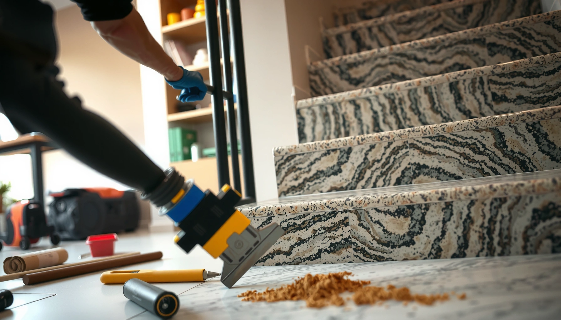 Step-by-step guide for installing granite floors on stairs with tools and materials needed.