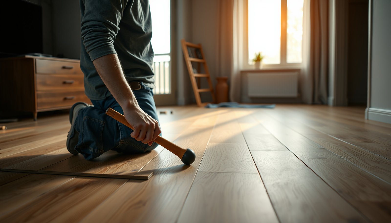 Step-by-step guide on how to install hardwood floors in an apartment with tools and materials.