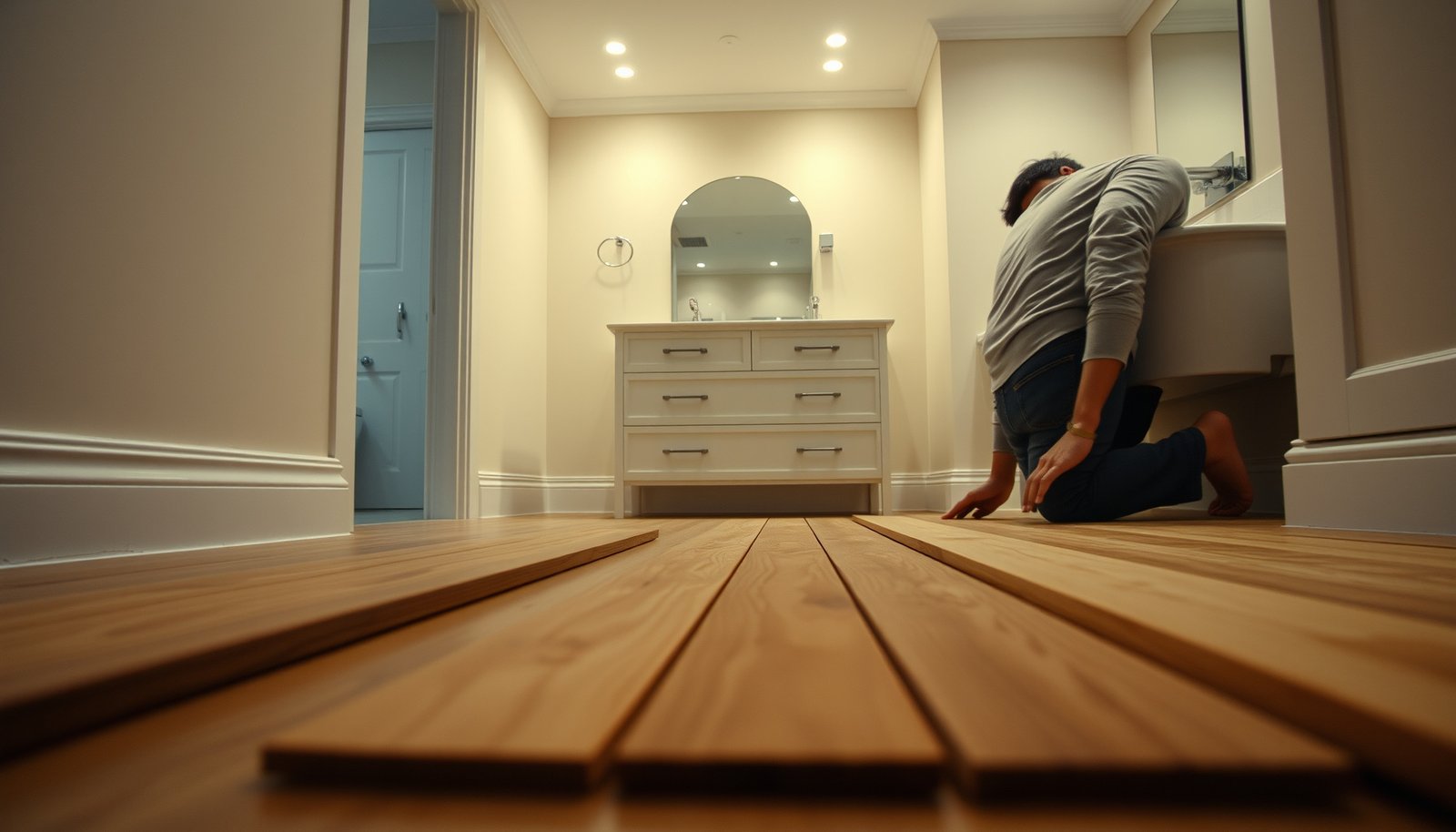 Step-by-step guide on how to install hardwood floors in a bathroom.