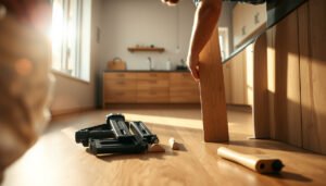 Step-by-step guide to installing hardwood floors in a kitchen with tools and materials.
