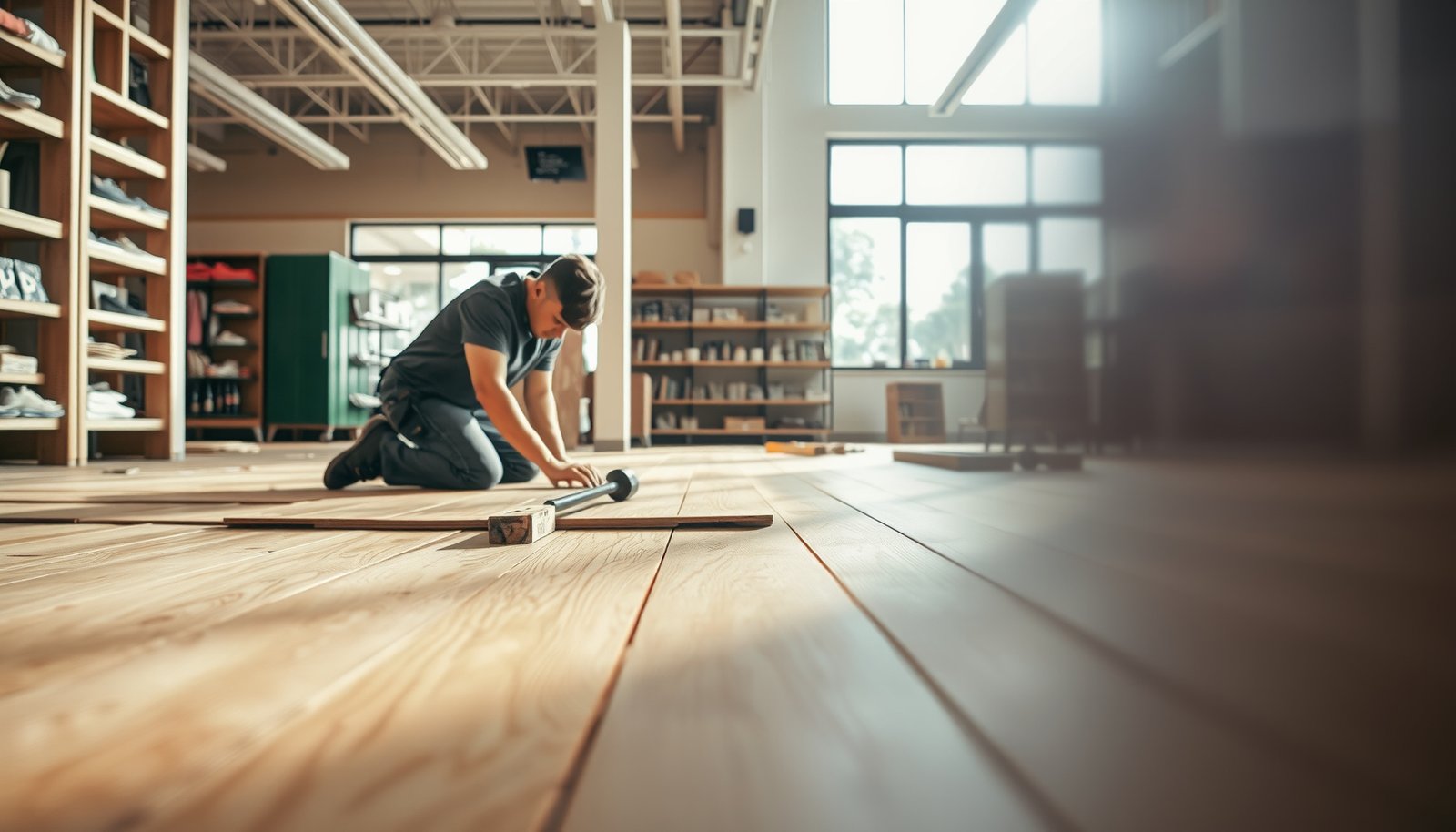 Step-by-step guide on how to install hardwood floors in a retail store setting.