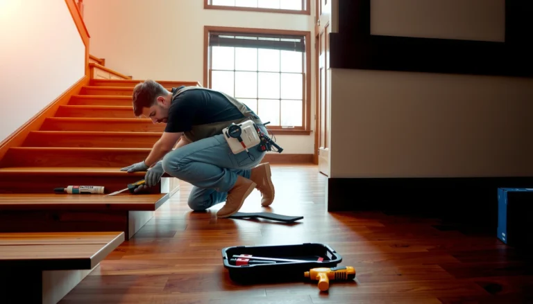 Step-by-step guide on how to install hardwood floors on stairs with tools and materials shown.