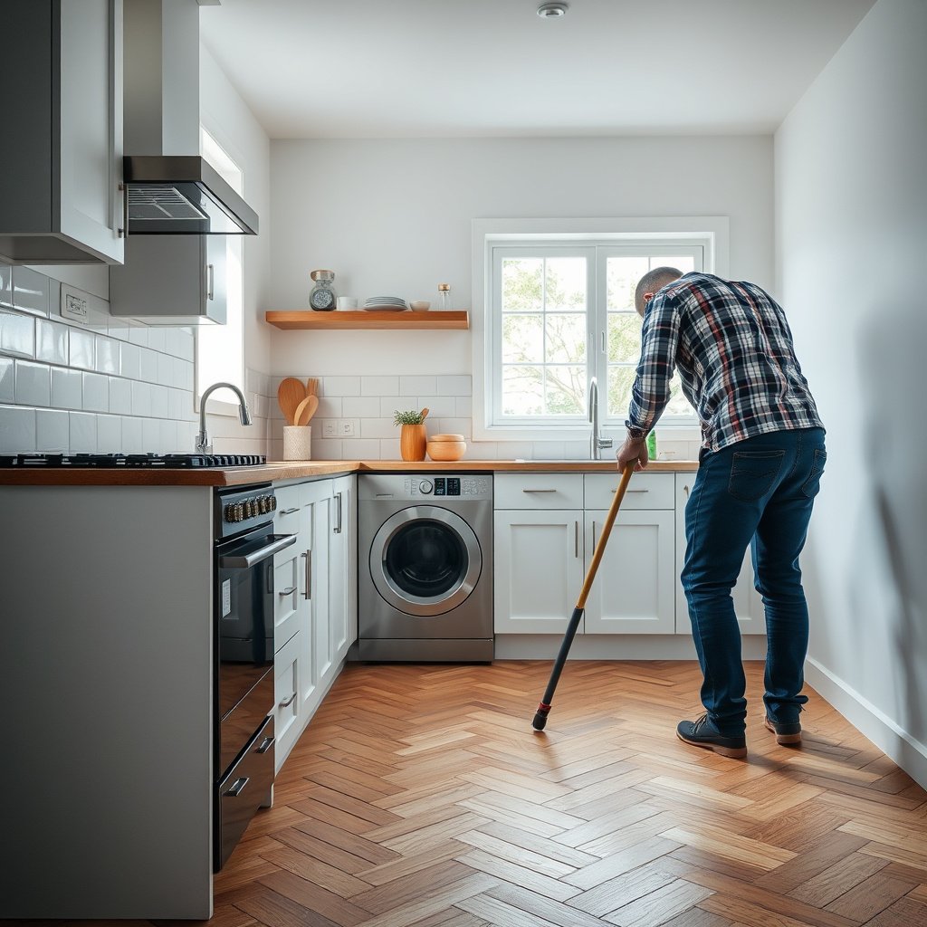 A step-by-step guide to installing herringbone boards in sections in a kitchen.