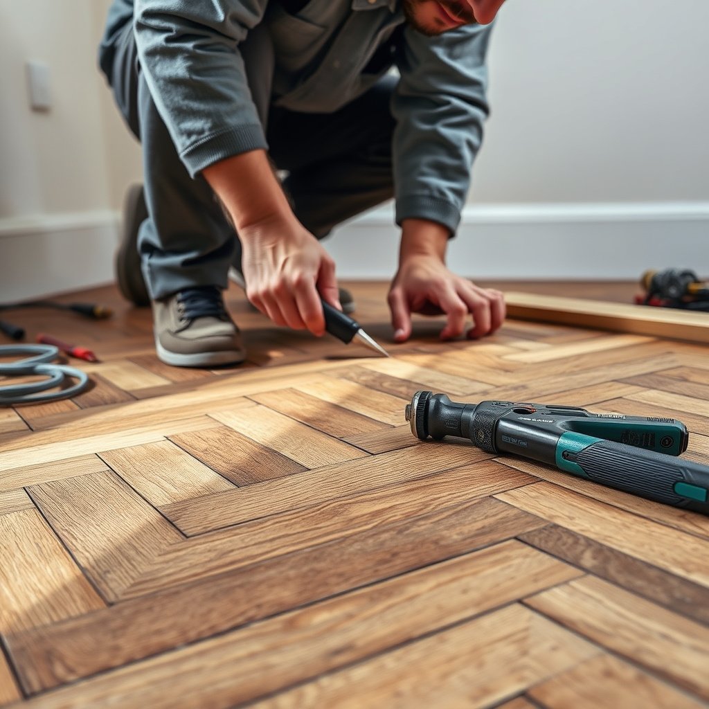 First rows of herringbone floors being installed for alignment in a step-by-step guide.