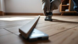 Step-by-step guide on installing transitions for herringbone floors with tools and materials shown.