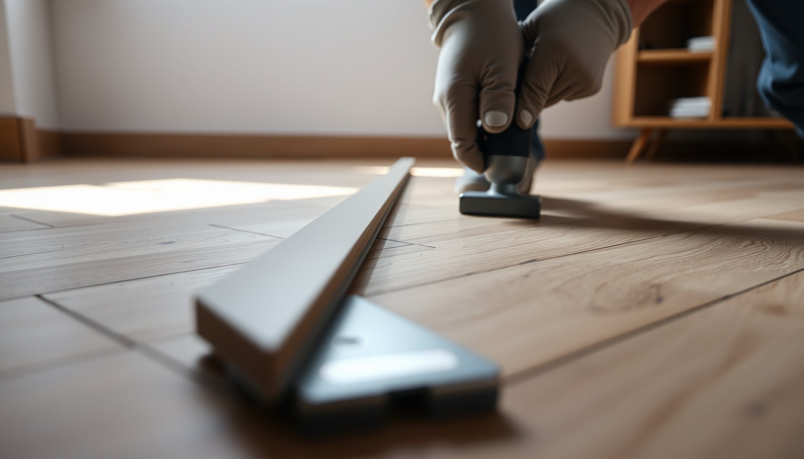 Step-by-step guide on installing transitions for herringbone floors with tools and materials shown.