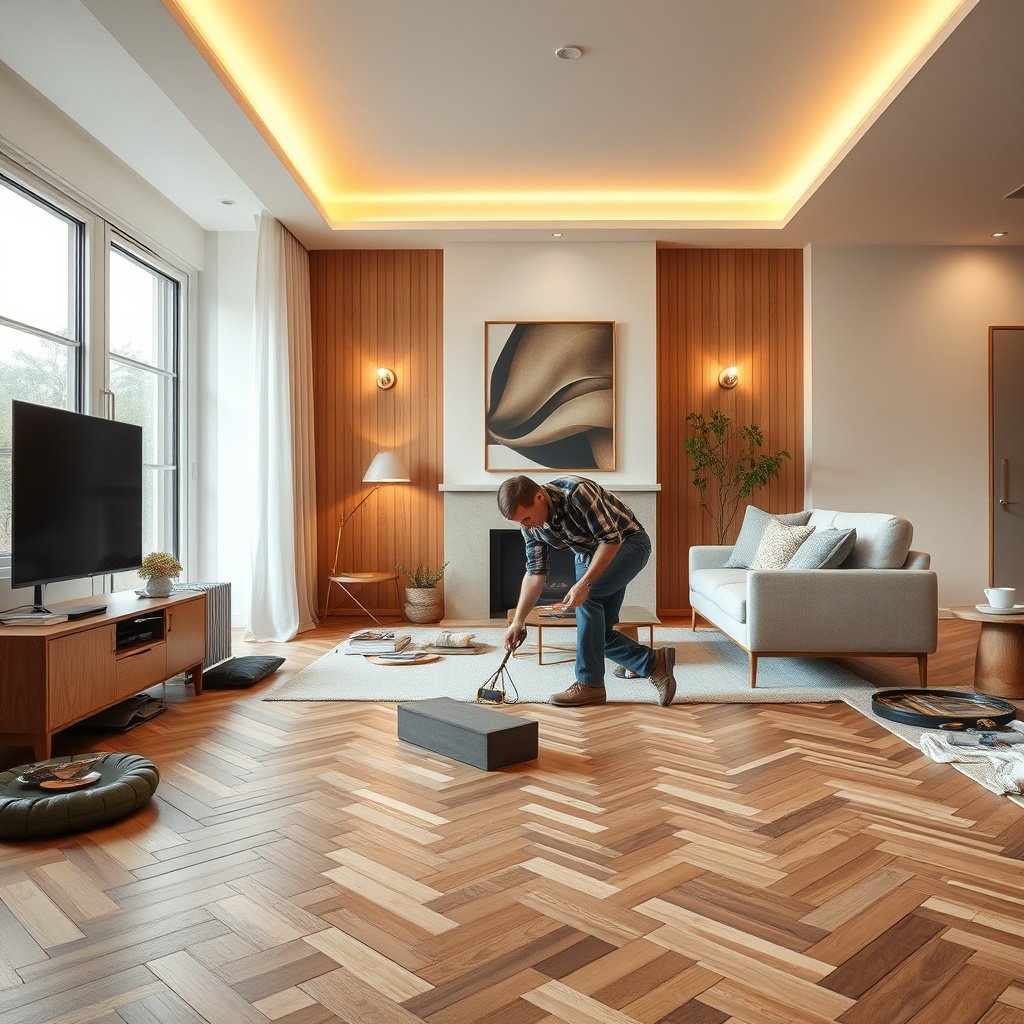 Step-by-step guide to installing herringbone flooring in a living room.
