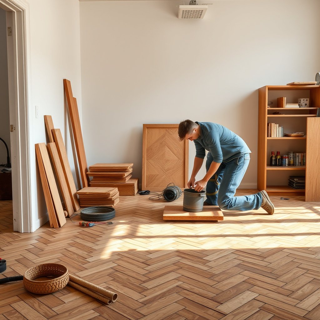 A person installing a new herringbone pattern floor with tools and materials.