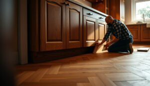 Step-by-step guide on installing herringbone floors around kitchen cabinets.