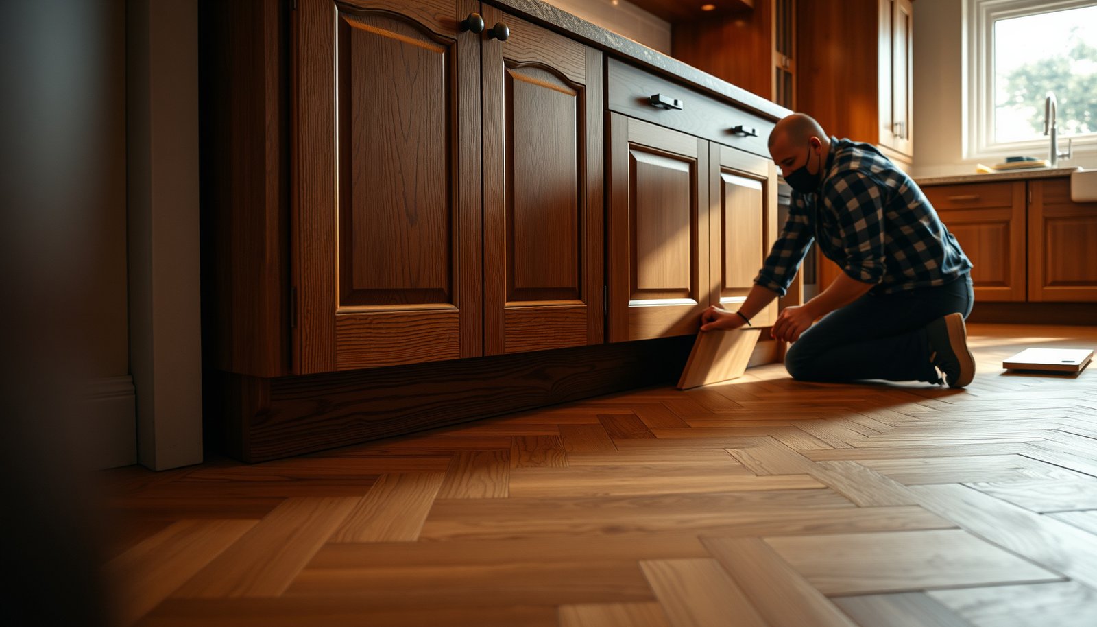 Step-by-step guide on installing herringbone floors around kitchen cabinets.