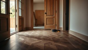Step-by-step guide on how to install herringbone floors around doors in a home.