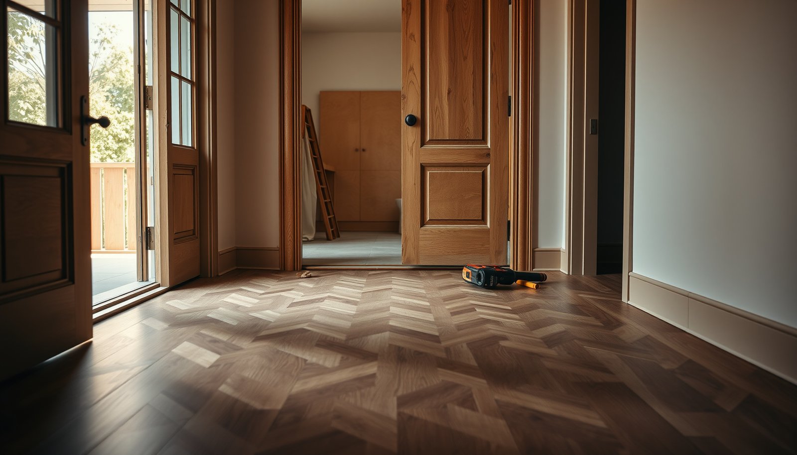 Step-by-step guide on how to install herringbone floors around doors in a home.