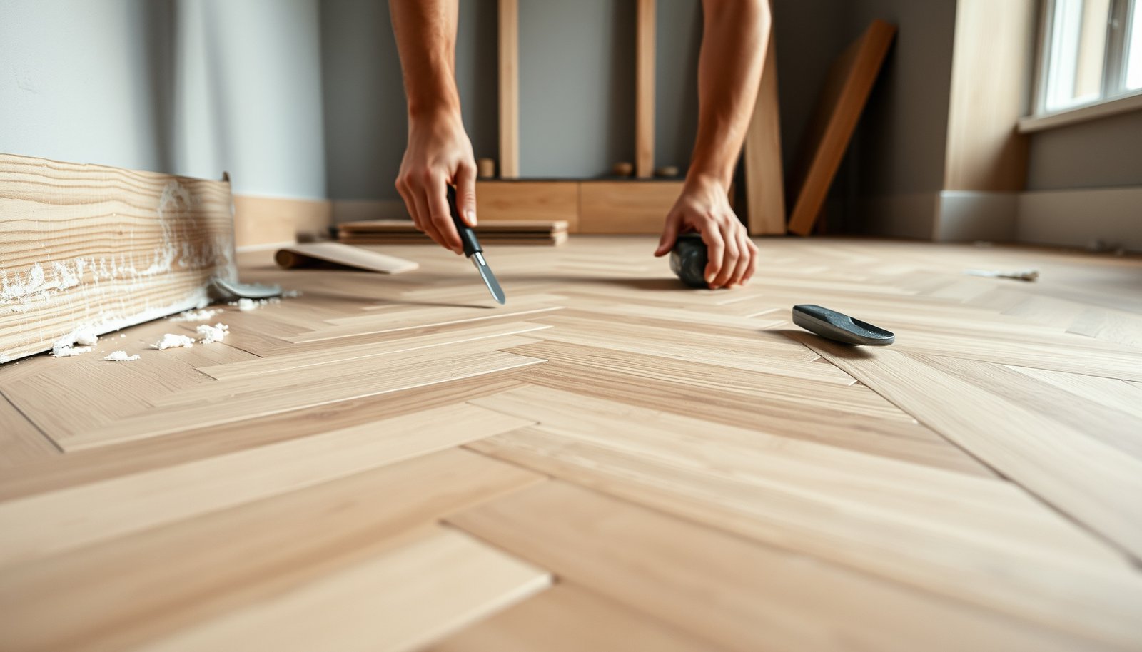 Step-by-step guide on how to install herringbone floors on uneven surfaces.