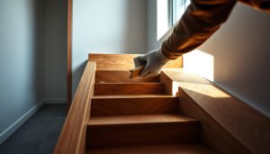 Step-by-step guide on how to install herringbone floors on stairs with tools and materials shown.
