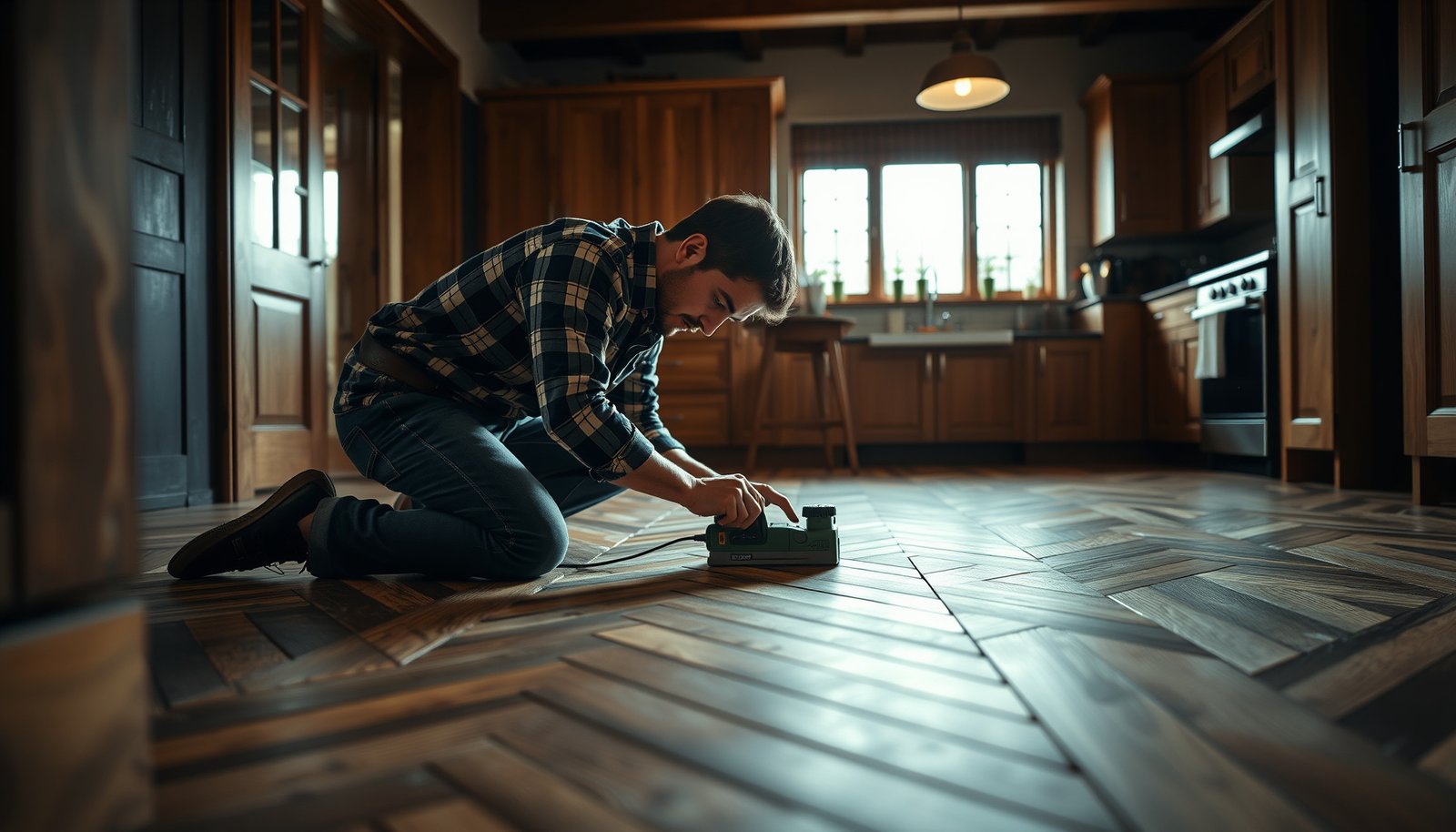 Step-by-step guide on how to install herringbone floors in a kitchen with tools and materials.